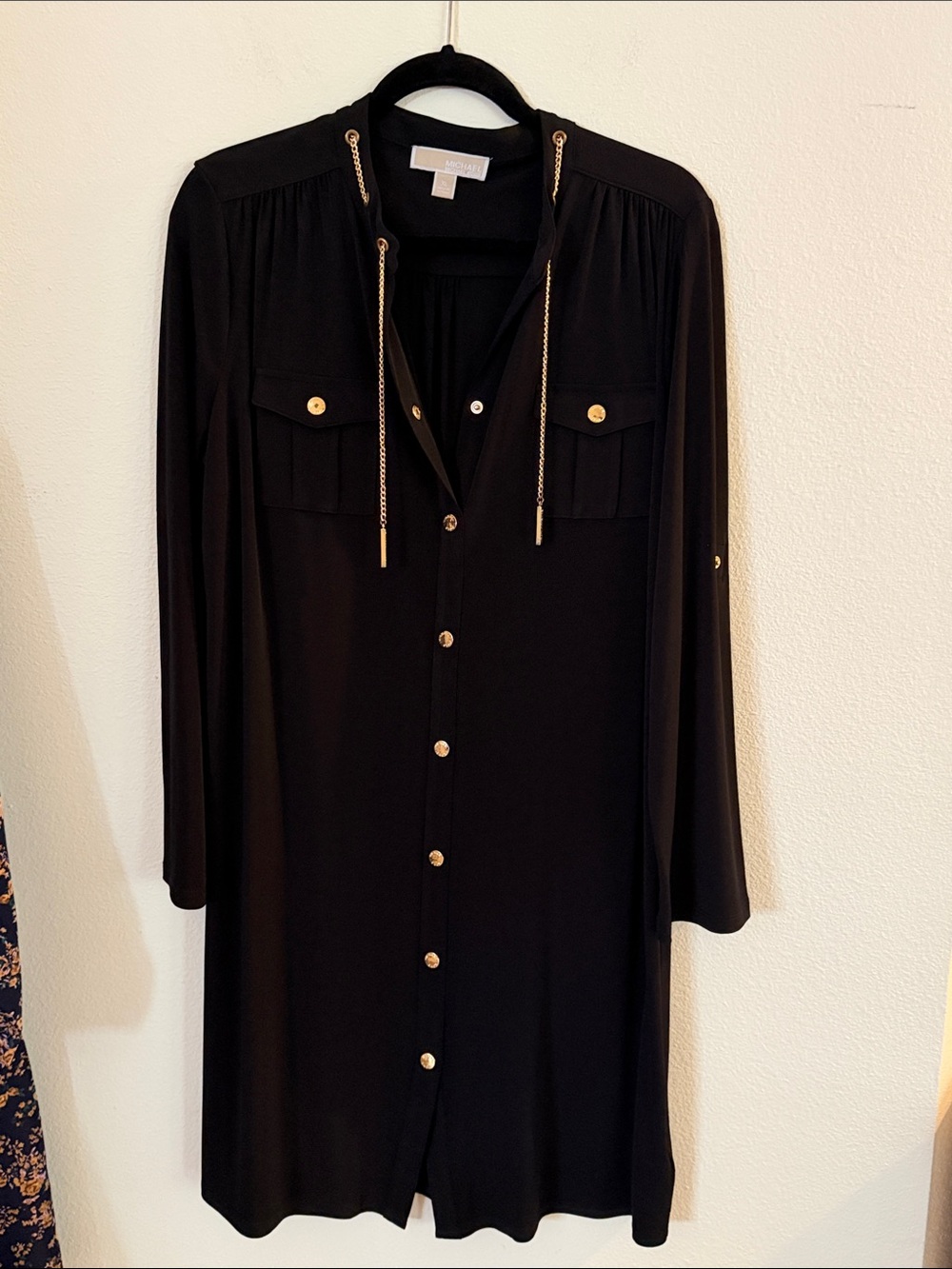 Michael Kors Black Long-Sleeve Shirt Dress with Gold Chain Detail